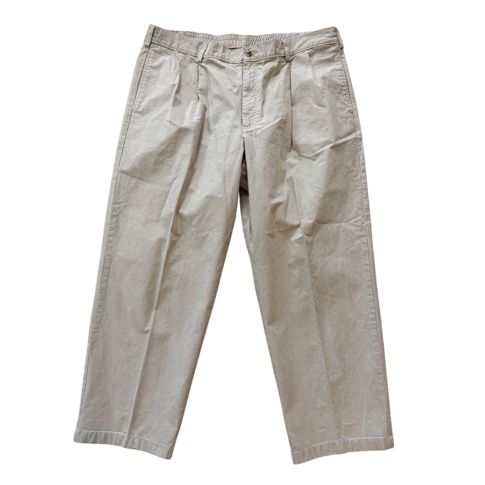 VTG LL Bean Mens Beige Pleated Chino Pants Elastic Back Comfort 41x30 Khaki